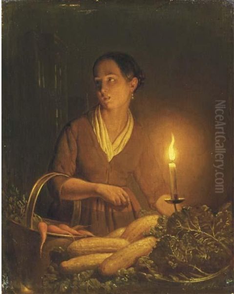 A Girl At The Night Market Oil Painting by Petrus van Schendel