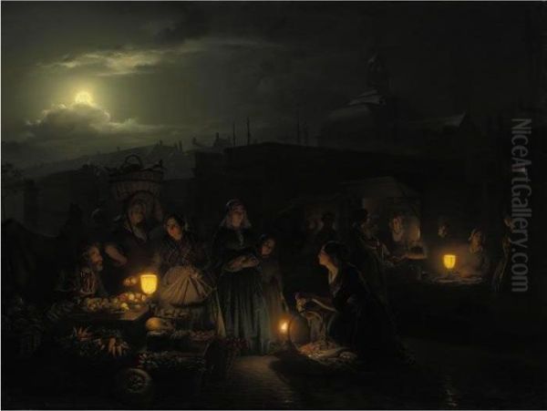 A Night At The Sea-fish Market, Rotterdam Oil Painting by Petrus van Schendel