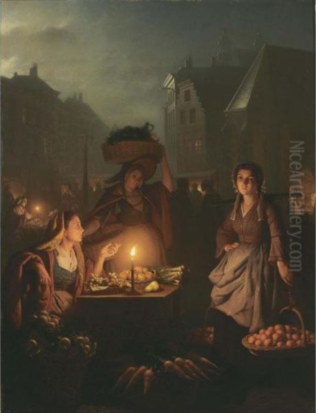 An Evening Market Oil Painting by Petrus van Schendel