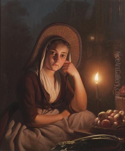 A Young Market Girl By Candlelight Oil Painting by Petrus van Schendel