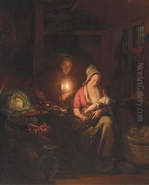 A Family In A Candlelit Interior Oil Painting by Petrus van Schendel