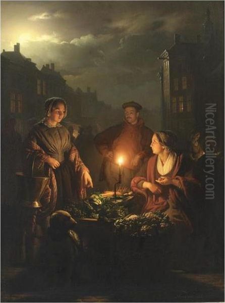 An Evening Market Oil Painting by Petrus van Schendel