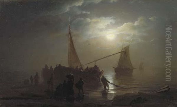 Nocturne: The Arrival Of The Fishing Fleet Oil Painting by Petrus van Schendel