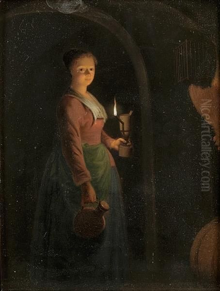 A Young Woman Standing In A Doorway Holding A Lamp Oil Painting by Petrus van Schendel