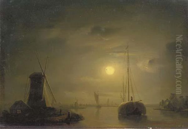 A Haybarge On A Moonlit River Oil Painting by Petrus van Schendel