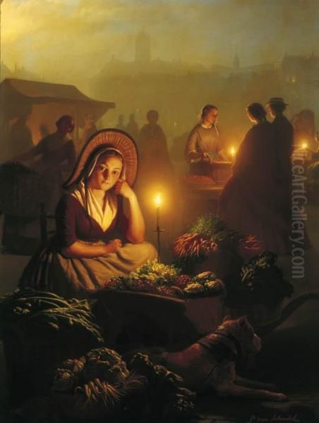 A Girl Selling Vegetables At The
 Night-market With The Dam Palace And The Nieuwe Kerk In The Distance, 
Amsterdam Oil Painting by Petrus van Schendel