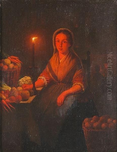 A Woman At The Vegetable Stall By Candlelight Oil Painting by Petrus van Schendel