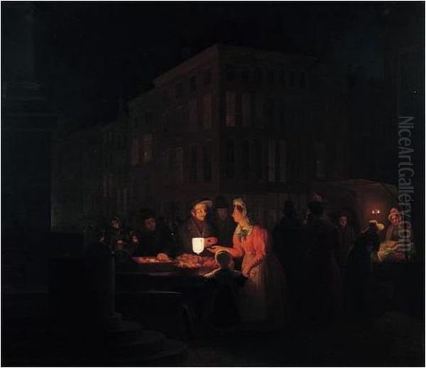 Market By Night Oil Painting by Petrus van Schendel