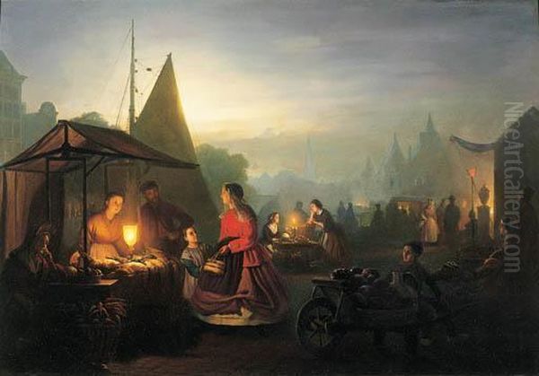 The Evening Market Oil Painting by Petrus van Schendel