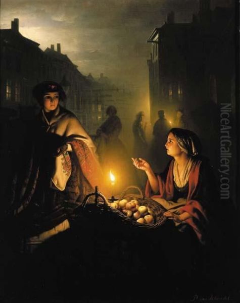 The Apple Seller Oil Painting by Petrus van Schendel