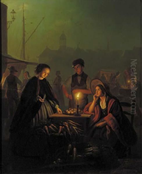 The Evening Market Oil Painting by Petrus van Schendel