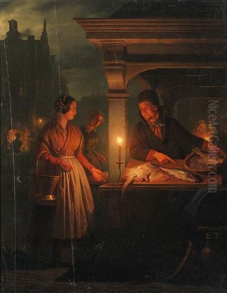 A Night Market Oil Painting by Petrus van Schendel