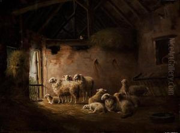 Sheep And Lambs In A Stable Withonlooking Cat Oil Painting by Franz van Severdonck