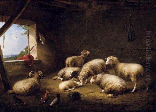 Moutons Et Poules Dans Une Bergere Oil Painting by Franz van Severdonck