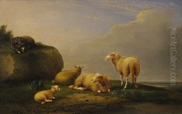 Sheep In A Landscape With A Dog Nearby Oil Painting by Franz van Severdonck