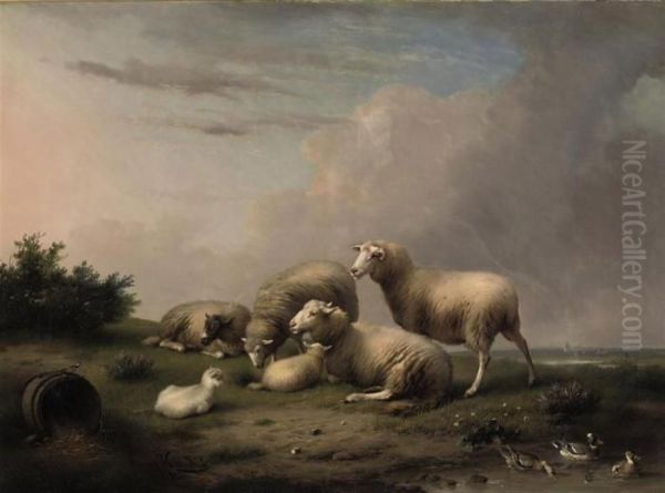 Sheep In A Summer Landscape Oil Painting by Franz van Severdonck