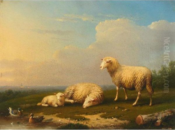 Sheep And Ducks In A Field Oil Painting by Franz van Severdonck