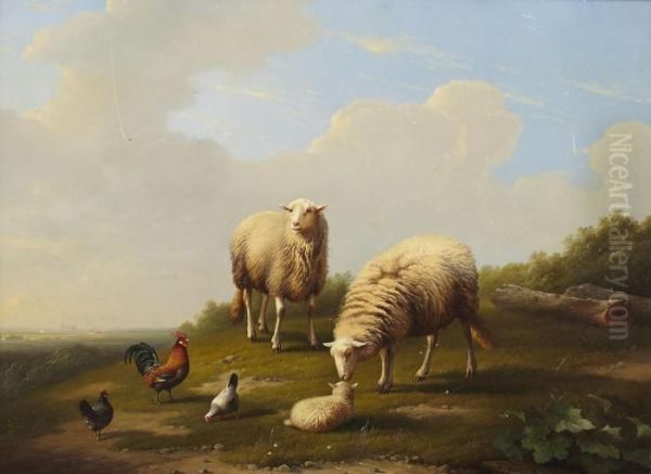 Sheep And Hens In A Landscape Oil Painting by Franz van Severdonck