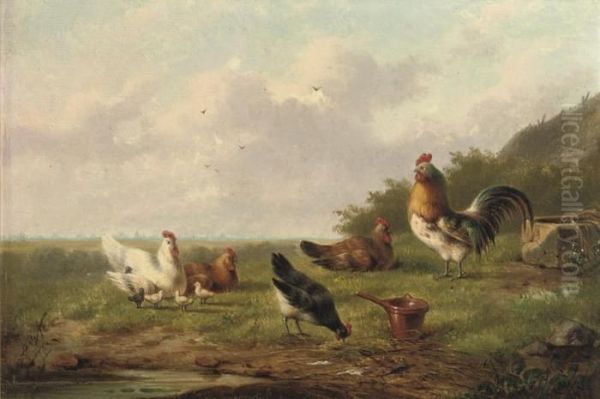 Chickens And A Rooster In A Meadow Oil Painting by Franz van Severdonck