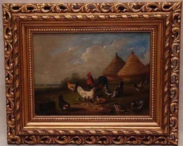 Farm Landscape With Rooster, Hens , Chicks, Ducks Oil Painting by Franz van Severdonck