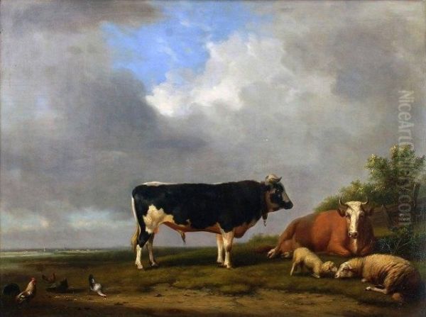 Cattle, Sheep And Chickens In An Extensive Landscape Oil Painting by Franz van Severdonck