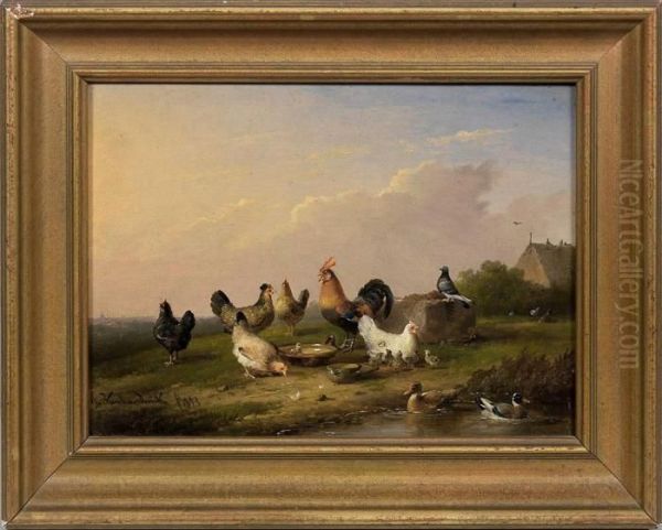 Abendstimmung Am Weihermit Huhnerfamilie Und Enten Oil Painting by Franz van Severdonck