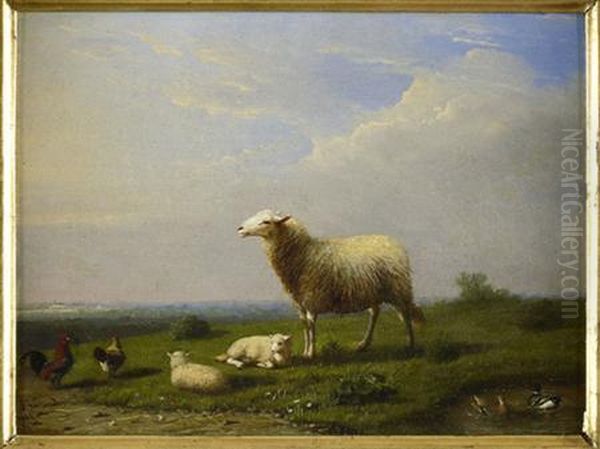 Sheep And Hens In A Landscape Oil Painting by Franz van Severdonck