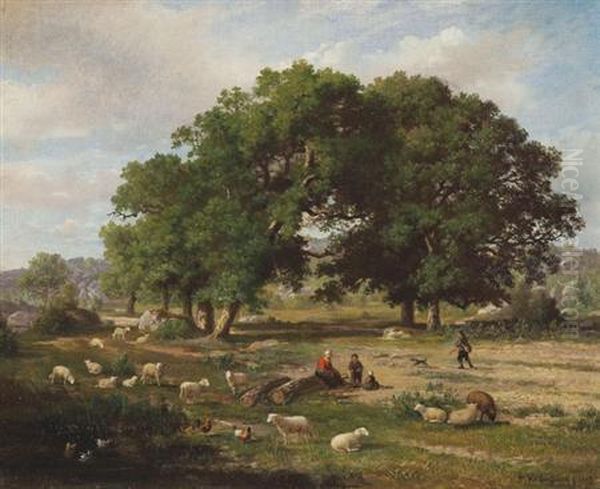 Young Farmers Withtheir Flock Of Sheep In A Country Landscape Oil Painting by Franz van Severdonck