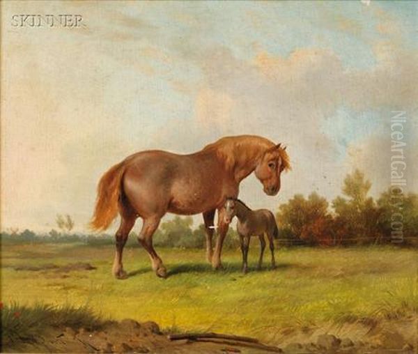 Mare And Foal Oil Painting by Franz van Severdonck