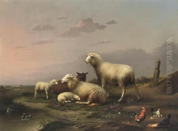 Sheep And Poultry Resting In The Pasture Oil Painting by Franz van Severdonck