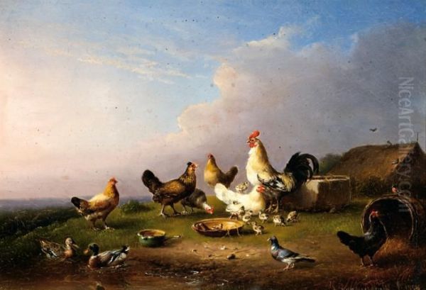 A Rooster, Hens And Chicks In A Landscape Oil Painting by Franz van Severdonck