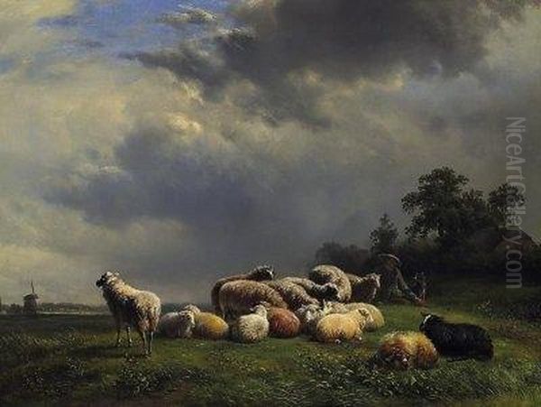 Shepherd And Sheep In A Vast Summer Landscape Oil Painting by Franz van Severdonck