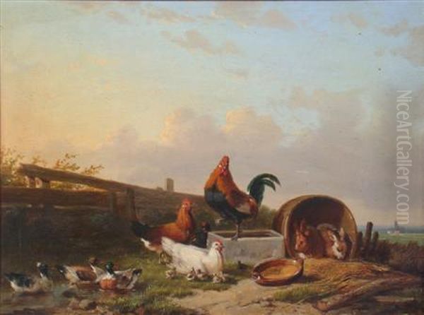 A Farm Yard With Poultry, Ducks And Rabbits Oil Painting by Franz van Severdonck