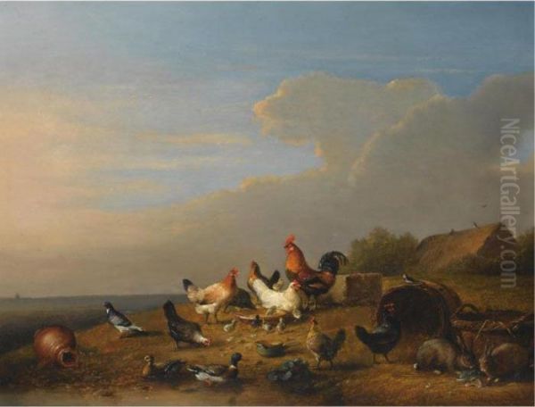 Poultry And Rabbits Near The Waterside Oil Painting by Franz van Severdonck