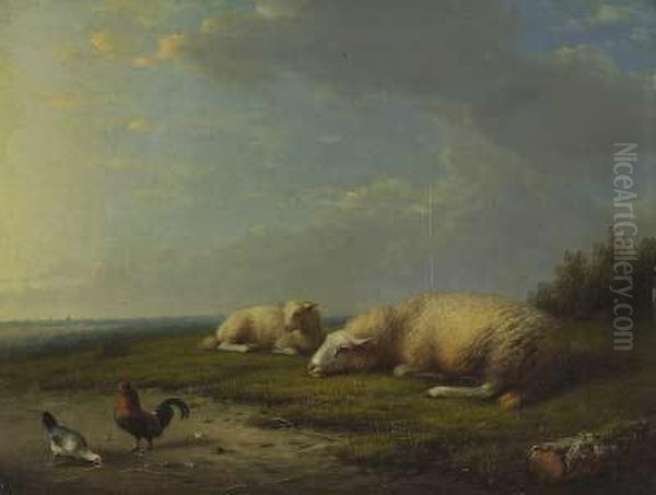 Weite Landschaft Mit Zwei Liegenden Schafen, Hahn Und Henne Oil Painting by Franz van Severdonck