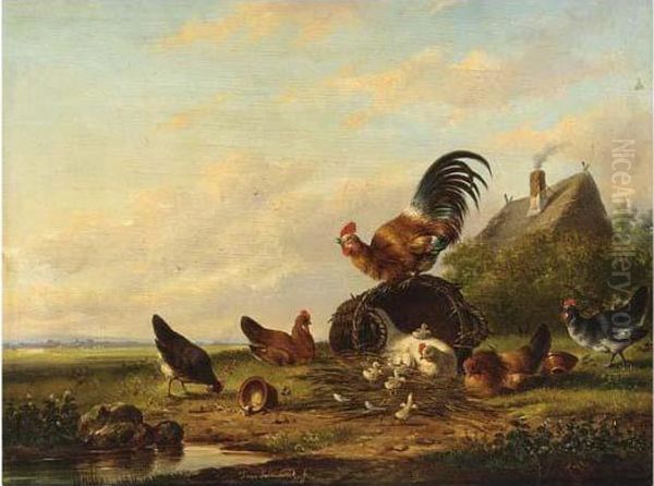 Chickens And A Cockerel In A Landscape Oil Painting by Franz van Severdonck