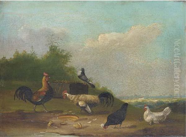 Hens And A Pigeon In A Landscape Oil Painting by Franz van Severdonck