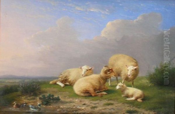 Sheep At Rest Beside A Pond Oil Painting by Franz van Severdonck