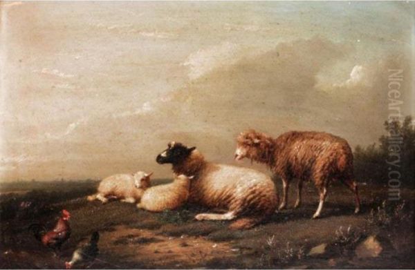 Sheep And Chicken; Horse And Goats Oil Painting by Franz van Severdonck