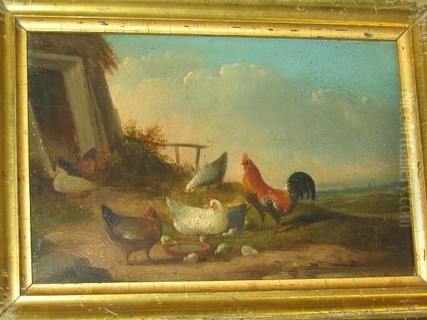 Cockerel And Chickens Feeding Before A Landscape, And Another Similar Oil Painting by Franz van Severdonck