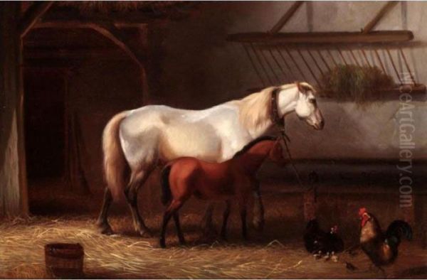 Horses And Chickens In A Stable Oil Painting by Franz van Severdonck