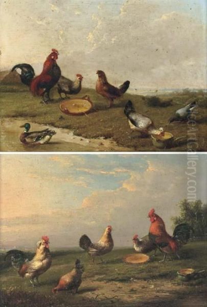 Poultry At The Pond; And Another Similar Oil Painting by Franz van Severdonck