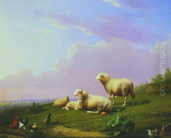 Sheep At Rest With Ducks And Chickens Oil Painting by Franz van Severdonck