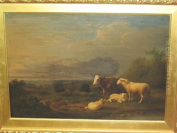 Cow And Sheep In A Meadow Oil Painting by Franz van Severdonck