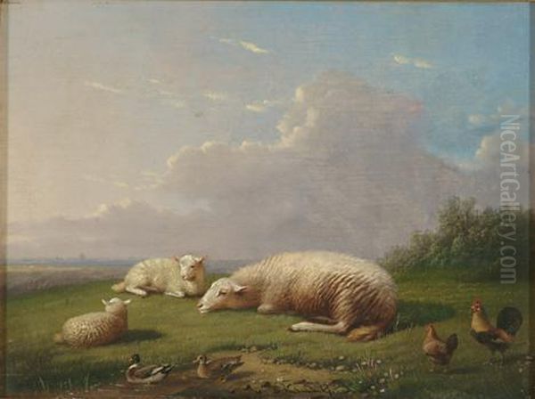 Sheep At Rest With Ducks And Roosters Oil Painting by Franz van Severdonck