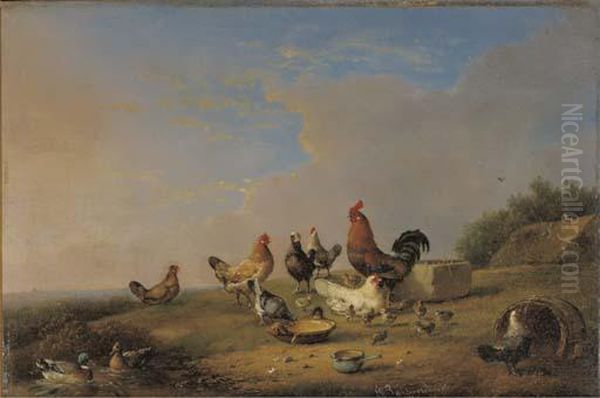 Poultry By A Stream Oil Painting by Franz van Severdonck