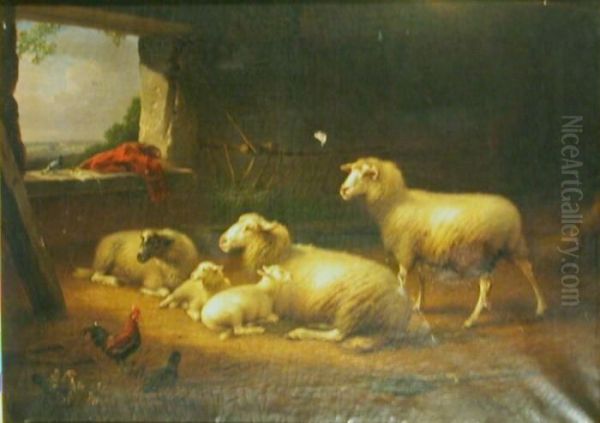 Sheep In A Stable Oil Painting by Franz van Severdonck