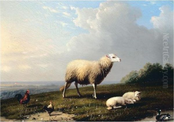 Sheep And Fowl On A Hilltop Oil Painting by Franz van Severdonck