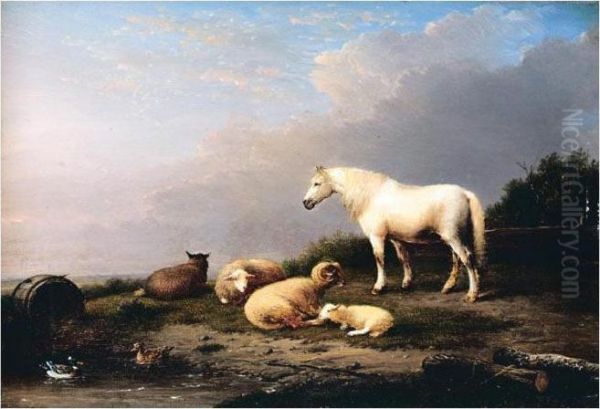 Horse, Sheep And Goat In A Landscape Oil Painting by Franz van Severdonck