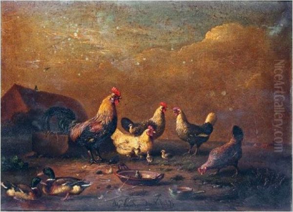 Chickens Oil Painting by Franz van Severdonck